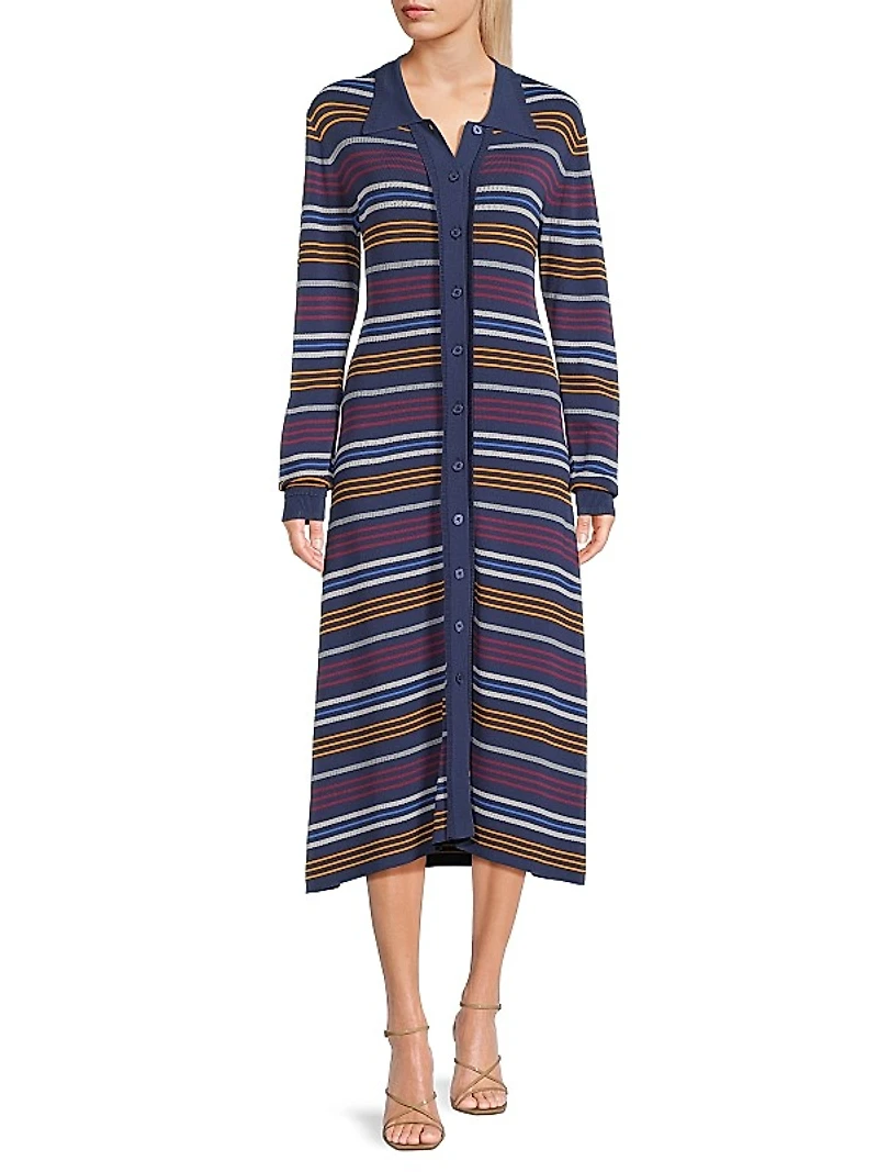 Striped Pointelle-Knit Midi-Shirtdress