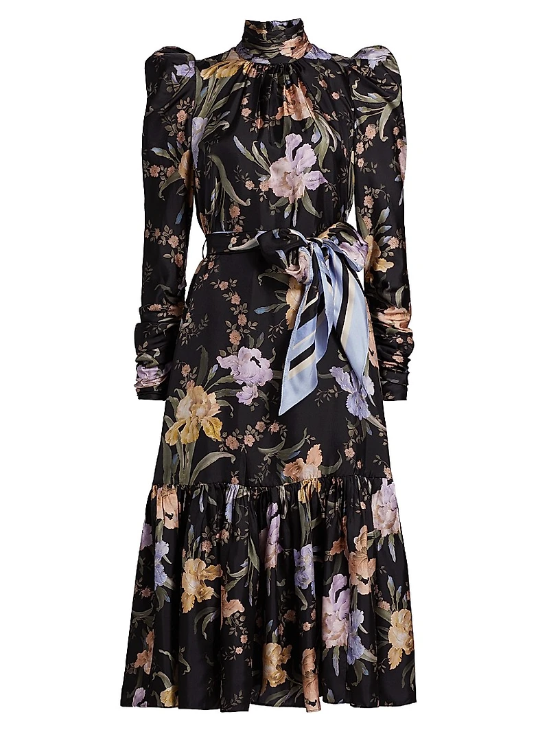 Eden Floral Silk Gathered Midi-Dress
