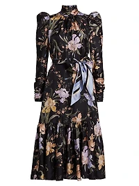 Eden Floral Silk Gathered Midi-Dress