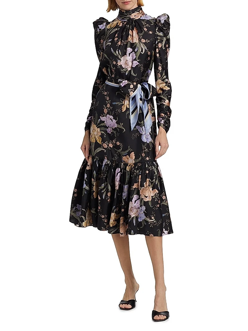 Eden Floral Silk Gathered Midi-Dress