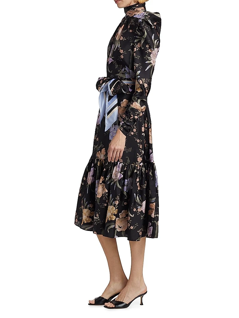 Eden Floral Silk Gathered Midi-Dress