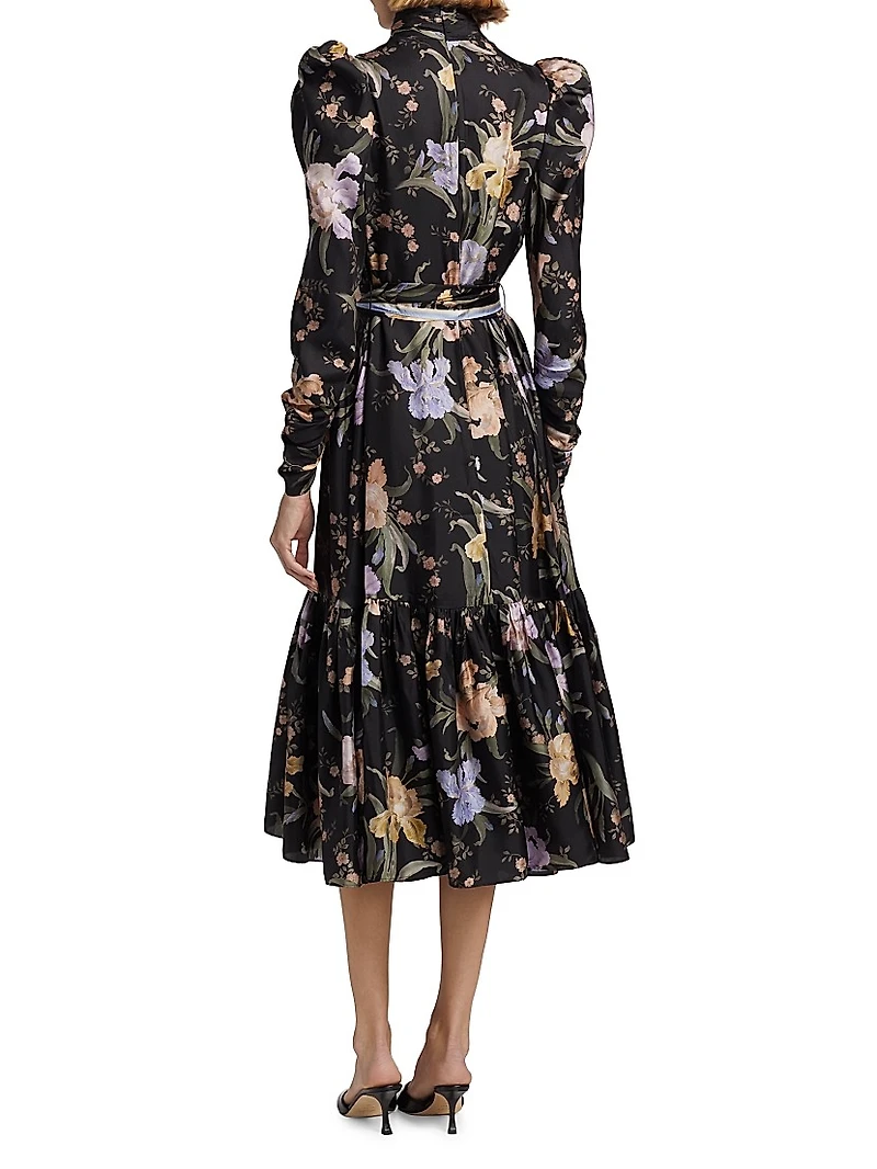 Eden Floral Silk Gathered Midi-Dress