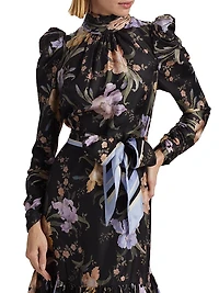 Eden Floral Silk Gathered Midi-Dress