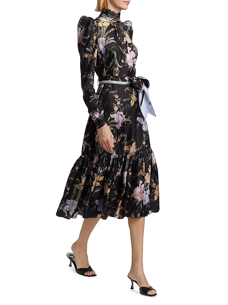 Eden Floral Silk Gathered Midi-Dress