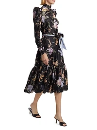 Eden Floral Silk Gathered Midi-Dress