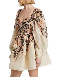Floral Linen & Silk Long-Sleeve Minidress