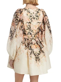Floral Linen & Silk Long-Sleeve Minidress