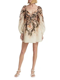 Floral Linen & Silk Long-Sleeve Minidress