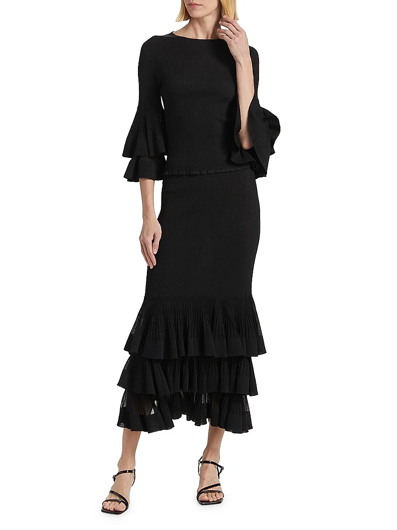 Story One Ruffled Knit Midi-Skirt