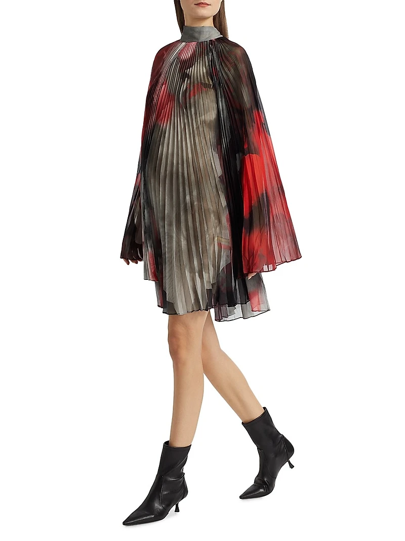 Floral Plissé Silk-Blend Dress