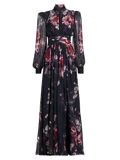 Floral Chiffon Puff-Sleeve Gown