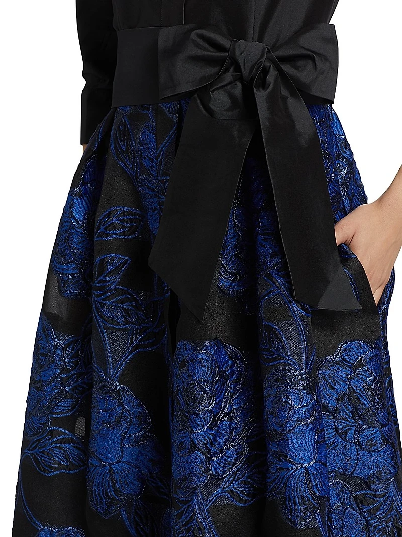 Jacquard Tie-Waist A-Line Gown