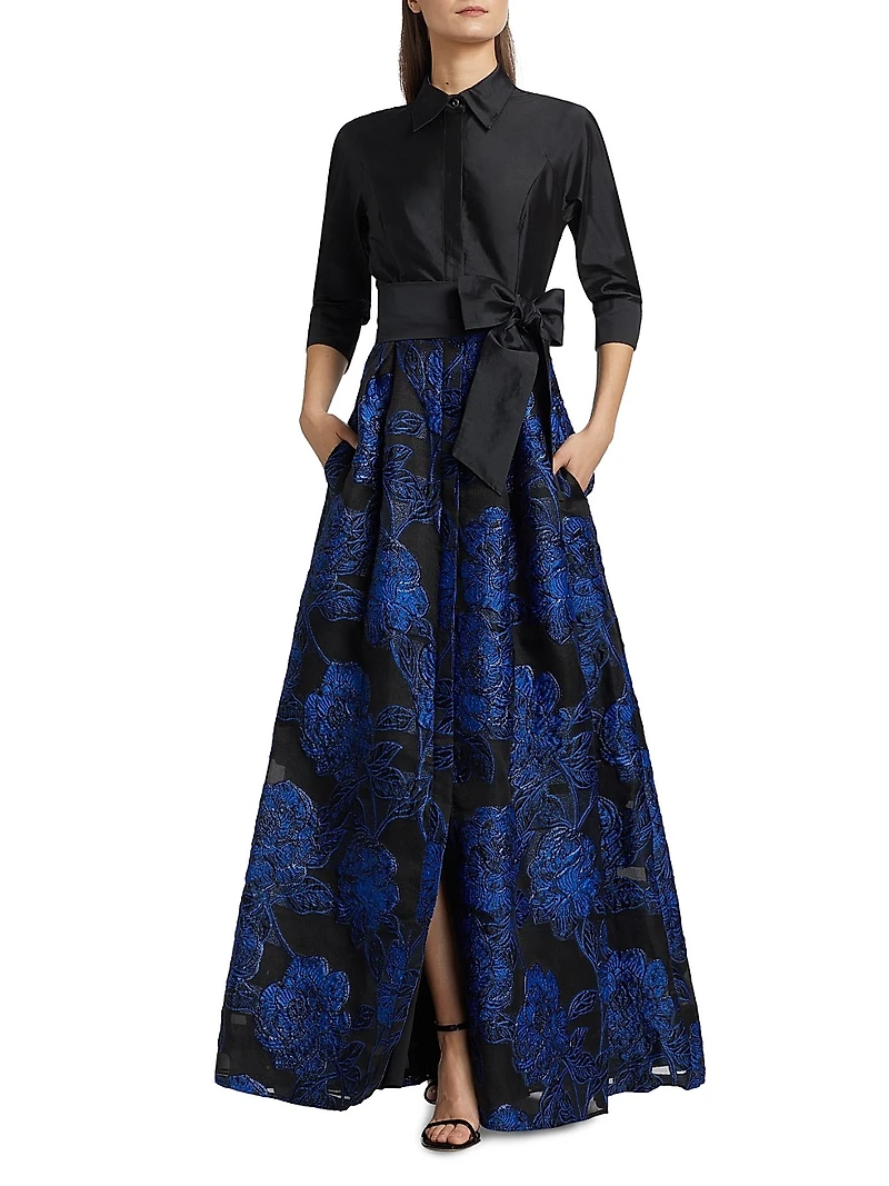 Jacquard Tie-Waist A-Line Gown