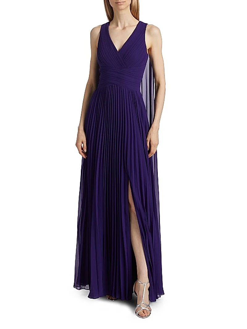 Pleated Chiffon Cape A-Line Gown