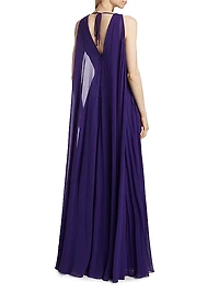 Pleated Chiffon Cape A-Line Gown