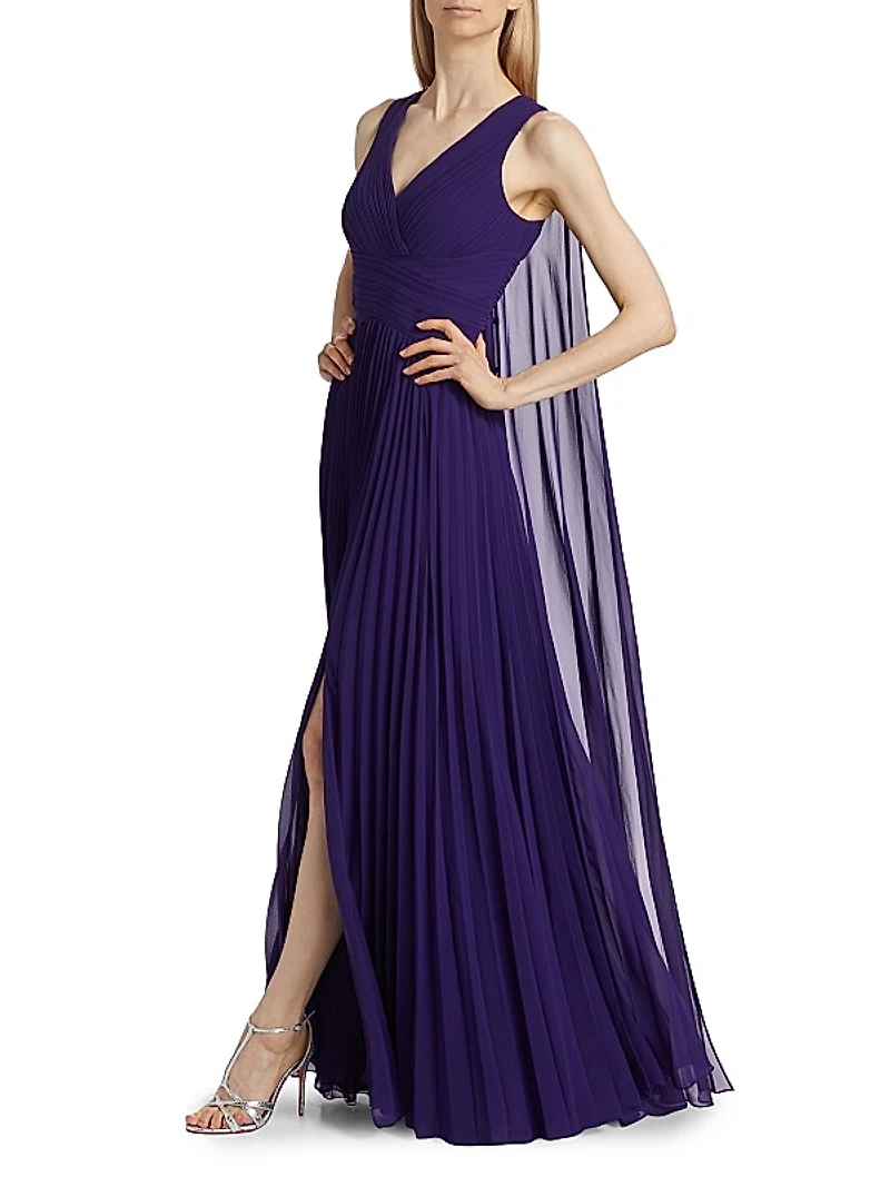 Pleated Chiffon Cape A-Line Gown