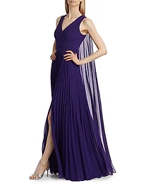 Pleated Chiffon Cape A-Line Gown