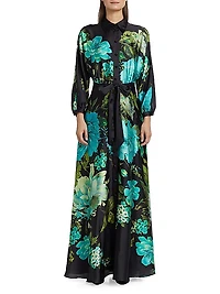 Floral Satin Tie-Waist A-Line Gown