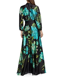 Floral Satin Tie-Waist A-Line Gown
