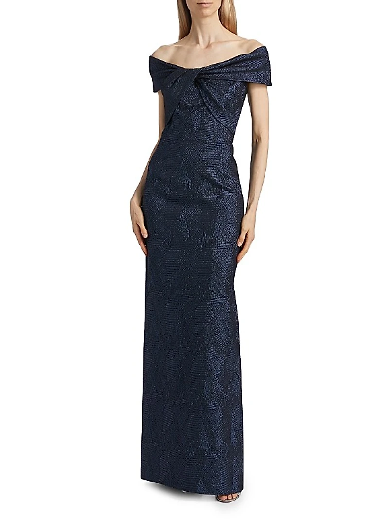 Jacquard Twist Off-the-Shoulder Column Gown