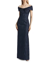 Jacquard Twist Off-the-Shoulder Column Gown