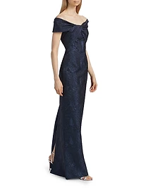 Jacquard Twist Off-the-Shoulder Column Gown