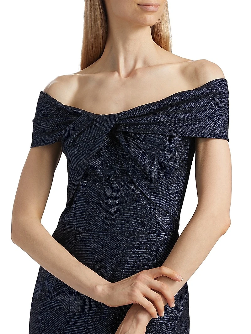 Jacquard Twist Off-the-Shoulder Column Gown