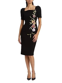 Floral-Embroidered Crepe Cocktail Dress