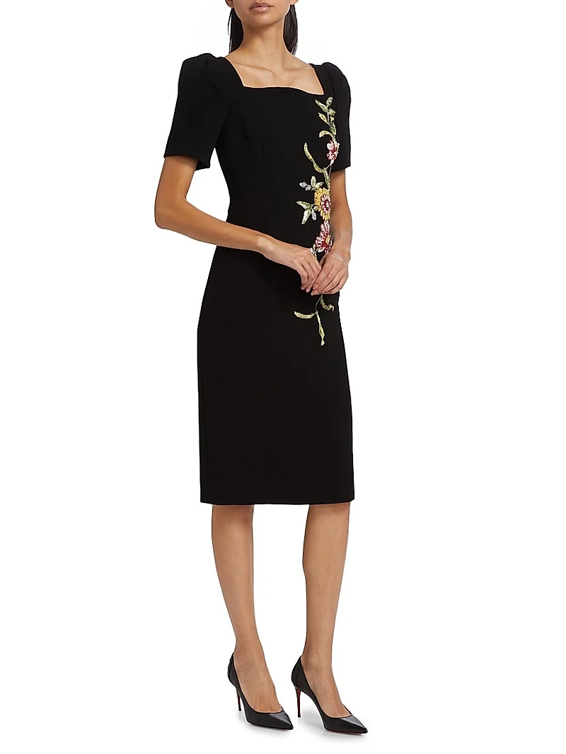 Floral-Embroidered Crepe Cocktail Dress
