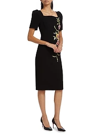 Floral-Embroidered Crepe Cocktail Dress