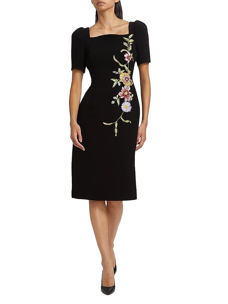 Floral-Embroidered Crepe Cocktail Dress