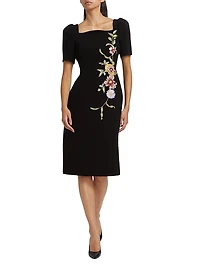 Floral-Embroidered Crepe Cocktail Dress