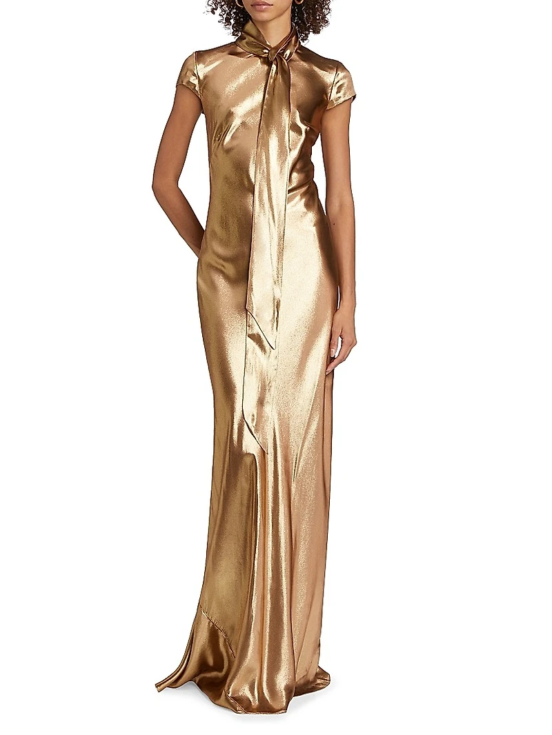 Solar Gaze Metallic Tie-Neck Gown