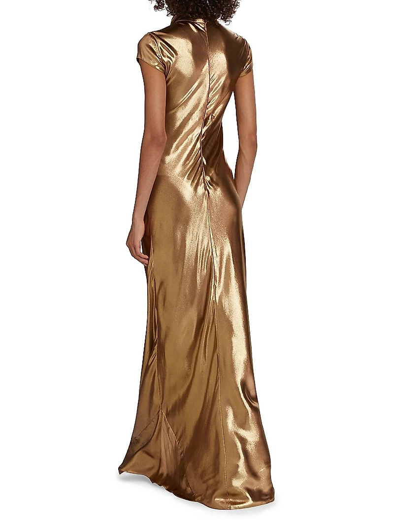 Solar Gaze Metallic Tie-Neck Gown
