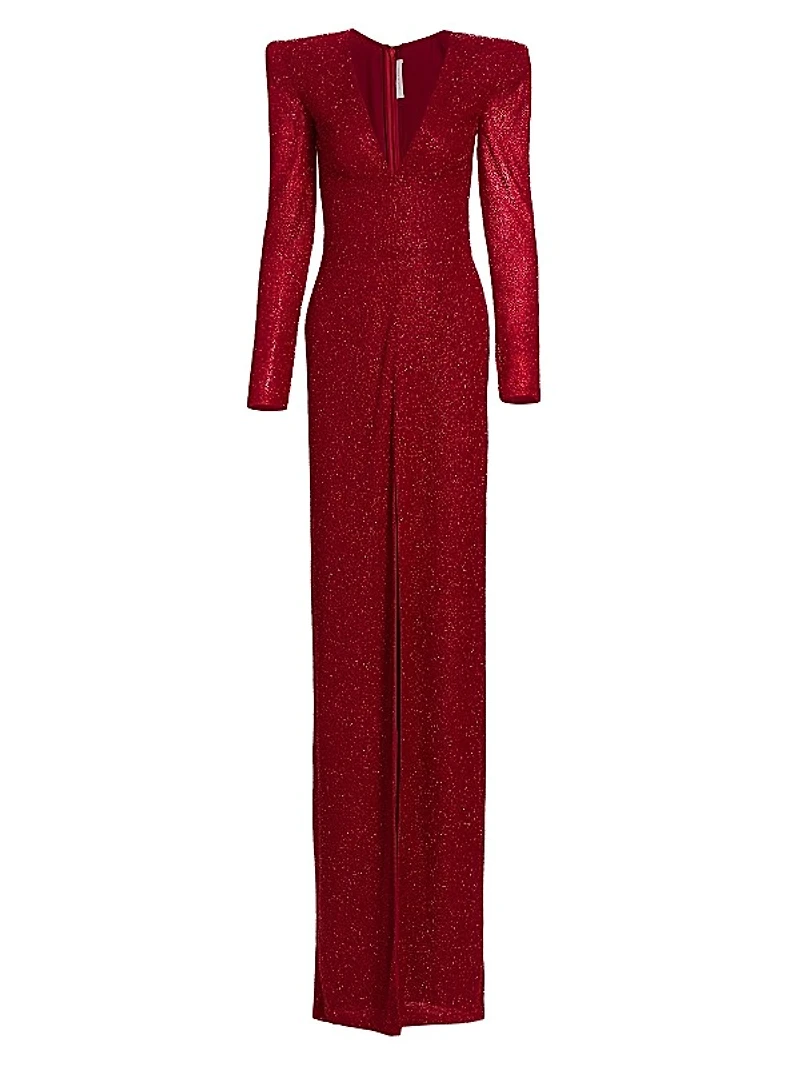 Beaded Plunge Column Gown