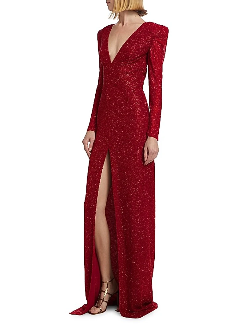 Beaded Plunge Column Gown