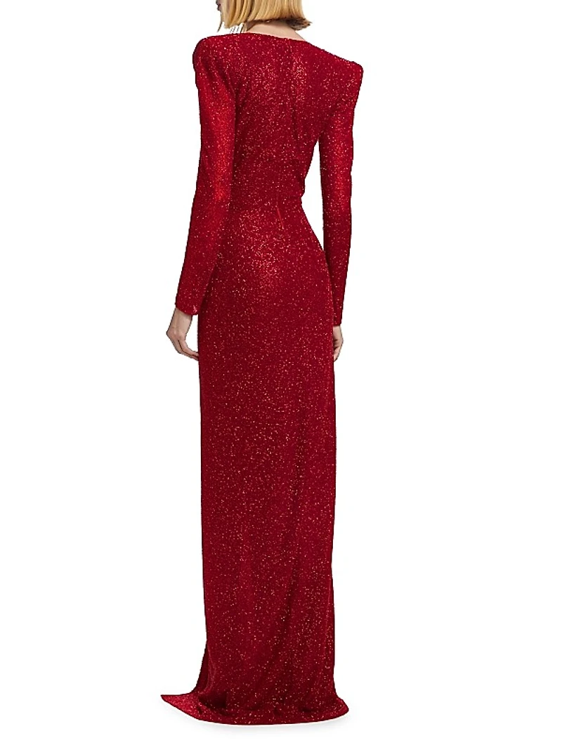 Beaded Plunge Column Gown