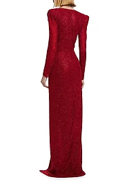 Beaded Plunge Column Gown