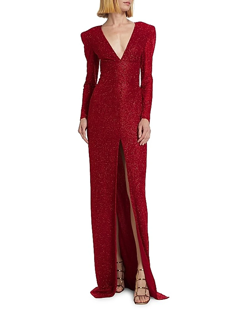 Beaded Plunge Column Gown