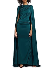 Draped Voile Satin Cape Gown