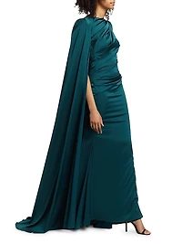 Draped Voile Satin Cape Gown