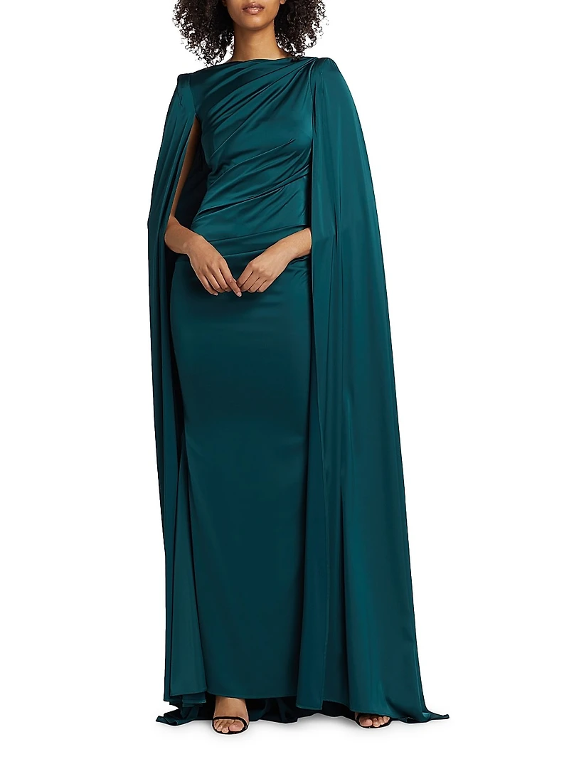 Draped Voile Satin Cape Gown