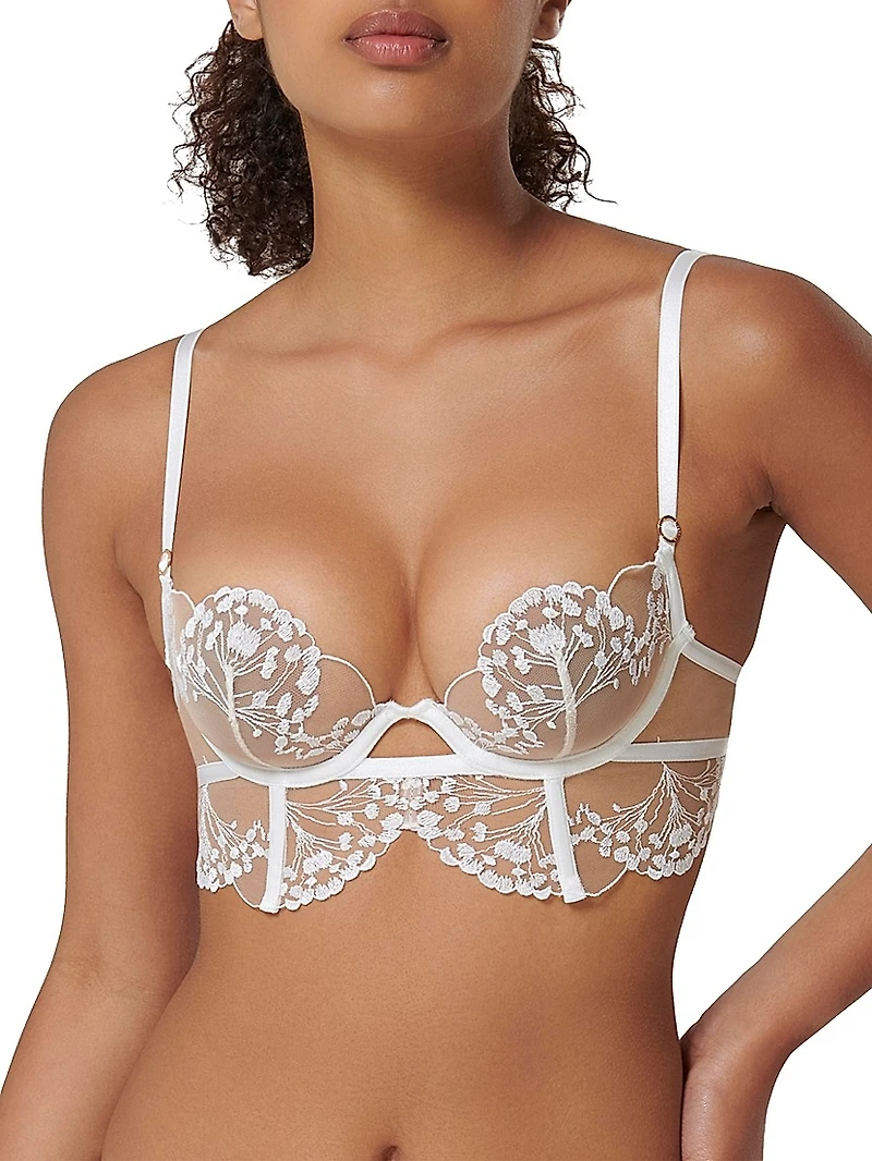 Floral-Embroidered Tulle Longline Bra