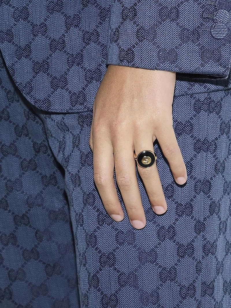 Interlocking G 18K Yellow Gold, Black Onyx & 0.042 TCW Diamond Ring