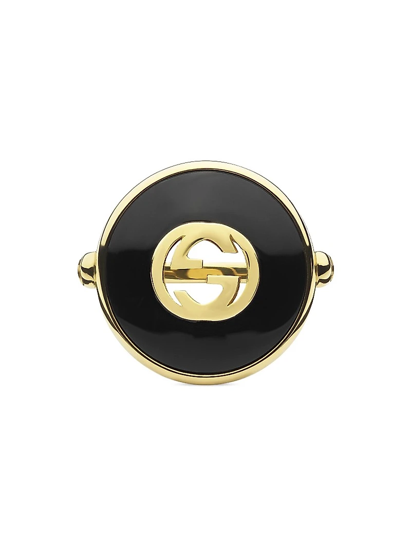 Interlocking G 18K Yellow Gold, Black Onyx & 0.042 TCW Diamond Ring