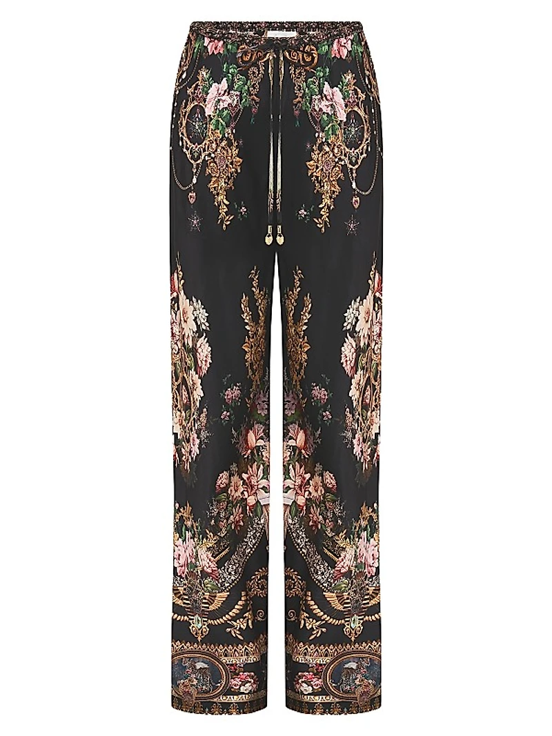 Floral Silk Wide-Leg Pants