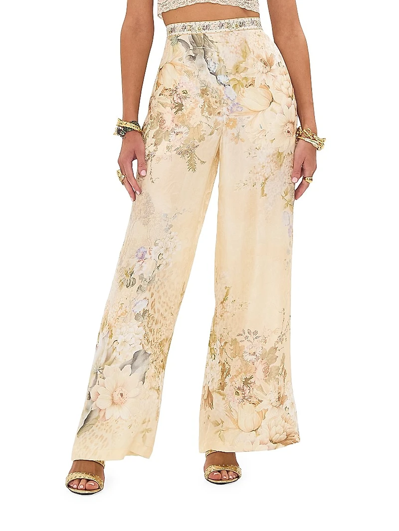 Floral Silk-Blend Wide Leg Pants
