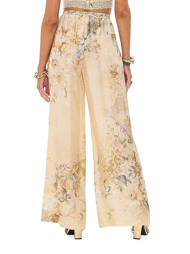 Floral Silk-Blend Wide Leg Pants