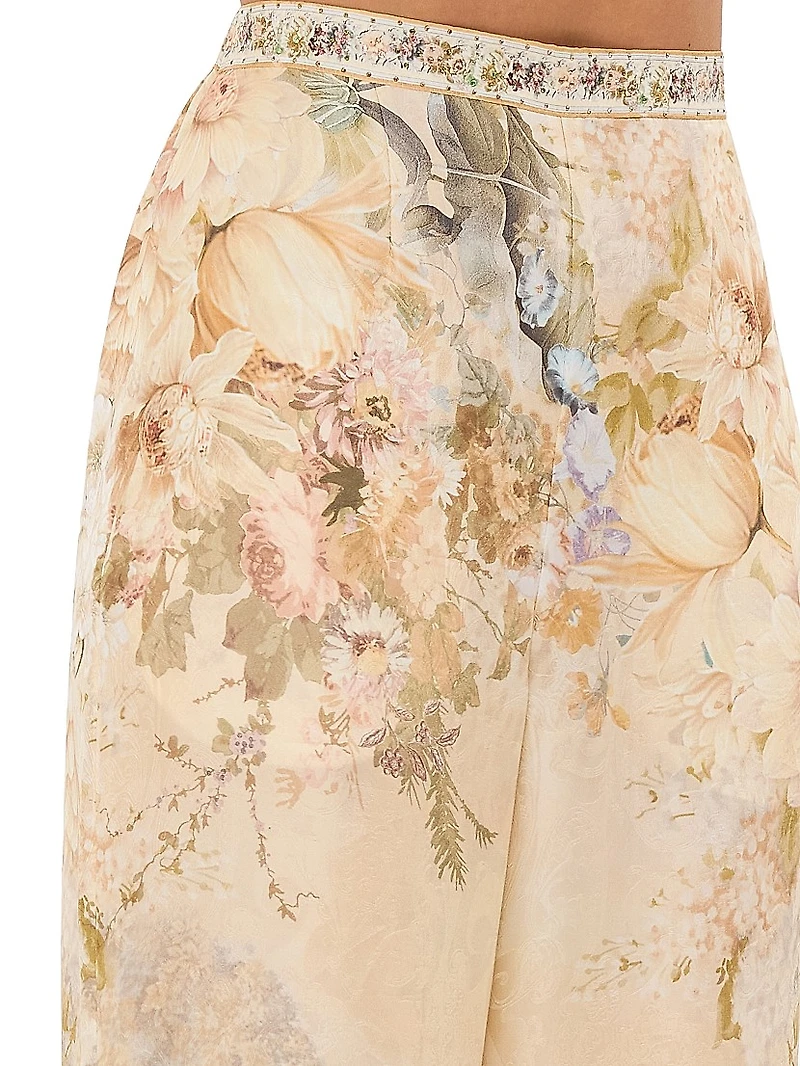 Floral Silk-Blend Wide Leg Pants