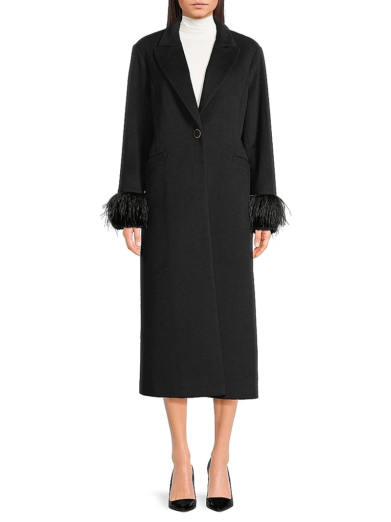 Wool-Blend Faux-Feather-Trim Coat